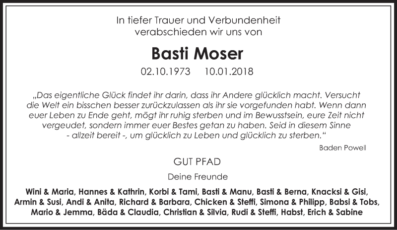  Traueranzeige für Bastian Moser vom 16.01.2018 aus merkurtz