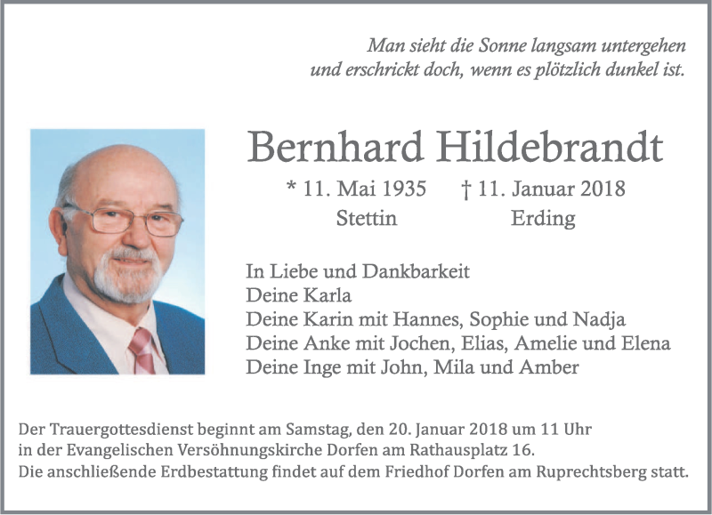  Traueranzeige für Bernhard Hildebrandt vom 17.01.2018 aus merkurtz