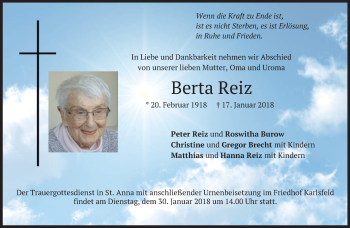 Traueranzeige von Berta Reiz von merkurtz