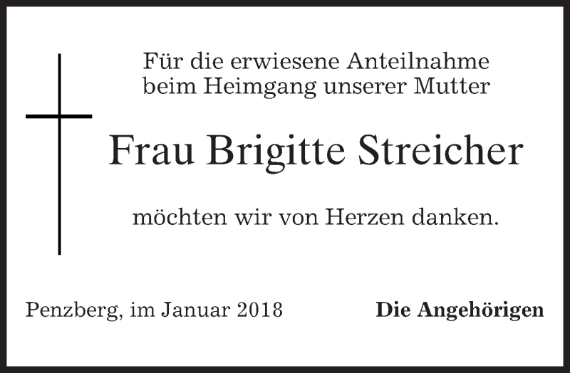  Traueranzeige für Brigitte Streicher vom 13.01.2018 aus merkurtz