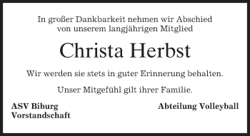 Traueranzeige von Christa Herbst von merkurtz