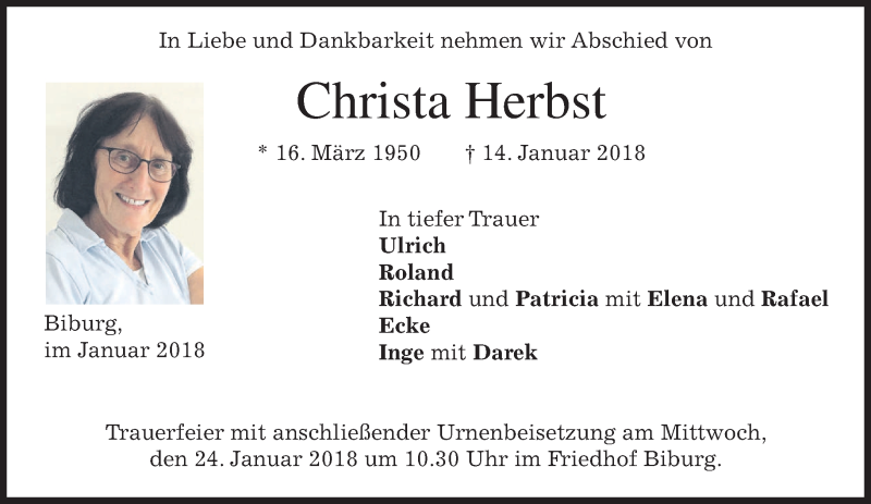  Traueranzeige für Christa Herbst vom 20.01.2018 aus merkurtz