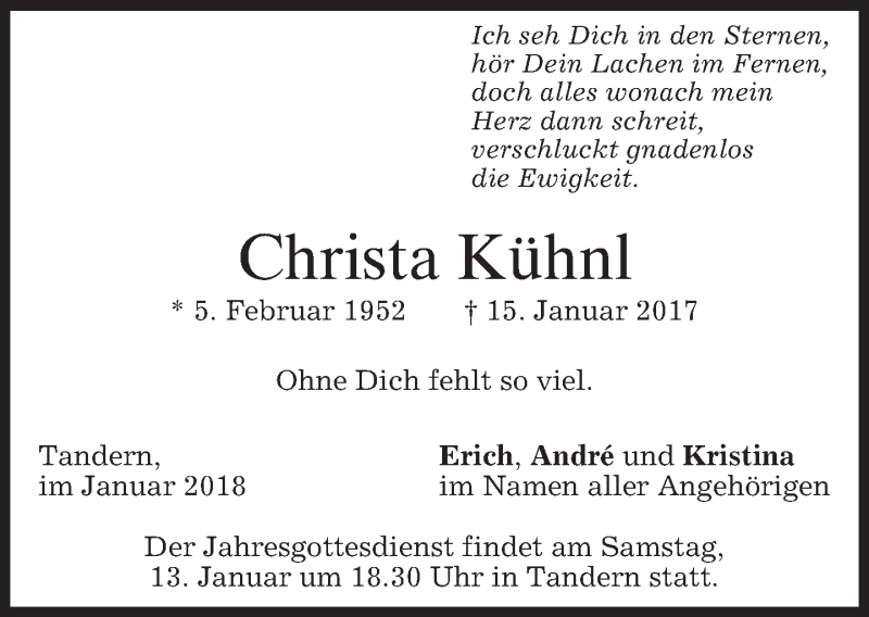  Traueranzeige für Christa Kühnl vom 11.01.2018 aus merkurtz