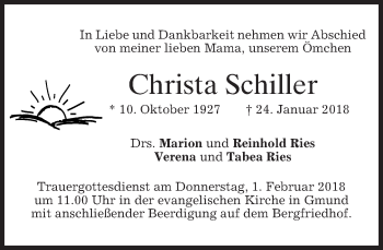 Traueranzeige von Christa Schiller von merkurtz