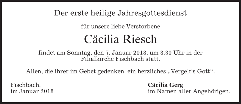  Traueranzeige für Cäcilia Riesch vom 05.01.2018 aus merkurtz