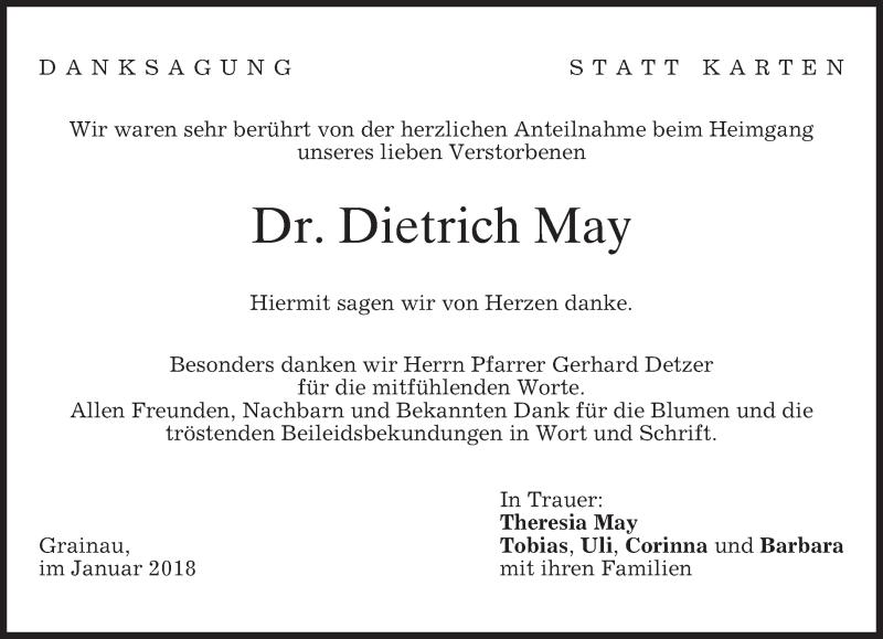  Traueranzeige für Dietrich May vom 27.01.2018 aus merkurtz
