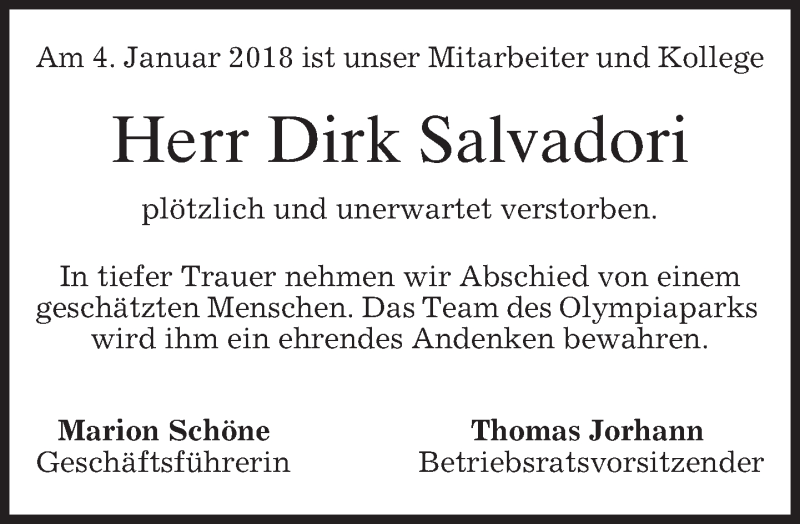  Traueranzeige für Dirk Salvadori vom 13.01.2018 aus merkurtz