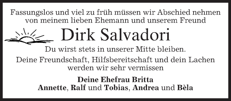  Traueranzeige für Dirk Salvadori vom 13.01.2018 aus merkurtz