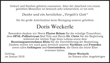 Traueranzeige von Doris Weckerle von merkurtz