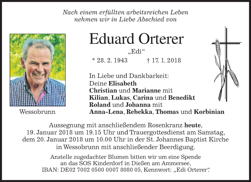  Traueranzeige für Eduard Orterer vom 19.01.2018 aus merkurtz