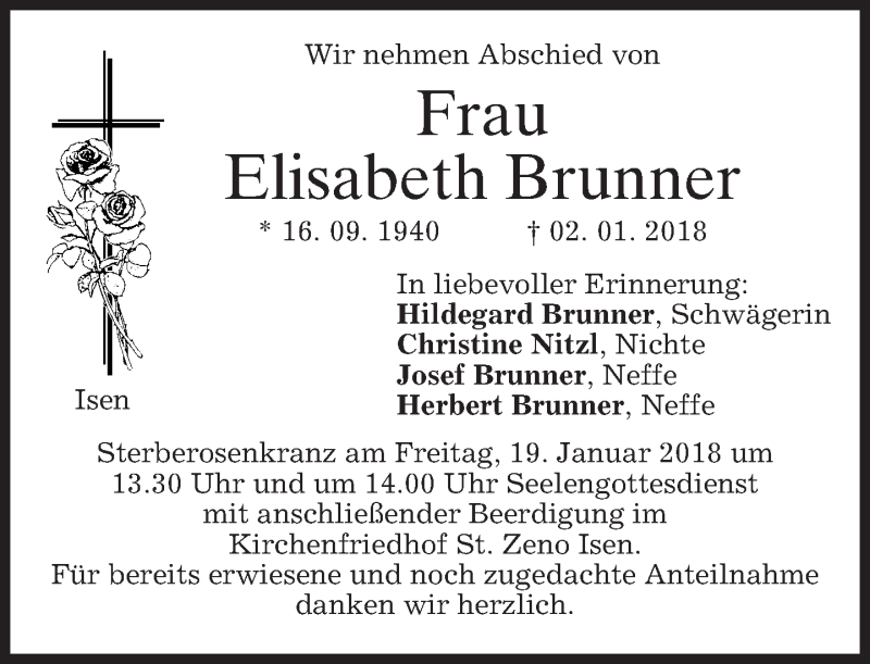  Traueranzeige für Elisabeth Brunner vom 17.01.2018 aus merkurtz