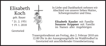Traueranzeige von Elisabeth Koch von merkurtz