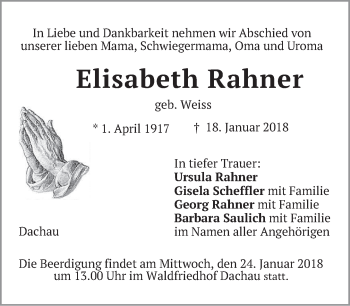Traueranzeige von Elisabeth Rahner von merkurtz