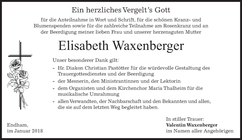  Traueranzeige für Elisabeth Waxenberger vom 20.01.2018 aus merkurtz