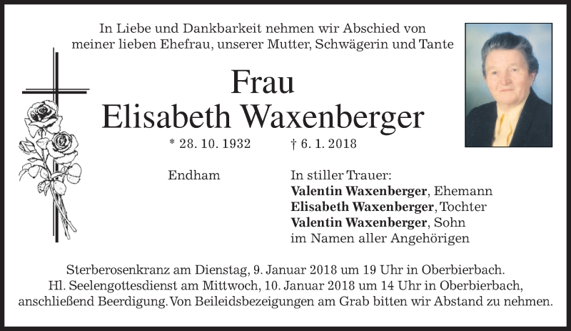  Traueranzeige für Elisabeth Waxenberger vom 08.01.2018 aus merkurtz