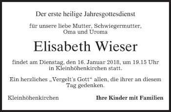 Traueranzeige von Elisabeth Wieser von merkurtz