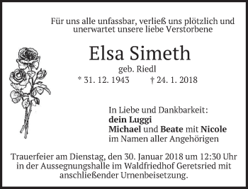 Traueranzeige von Elsa Simeth von merkurtz