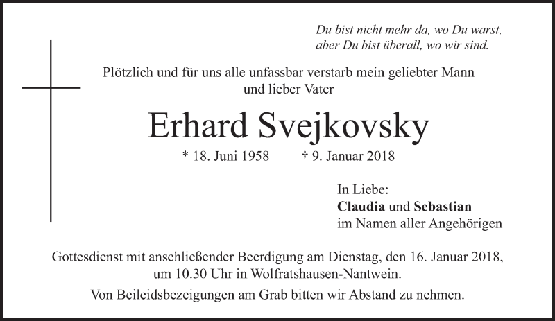  Traueranzeige für Erhard Svejkovsky vom 13.01.2018 aus merkurtz