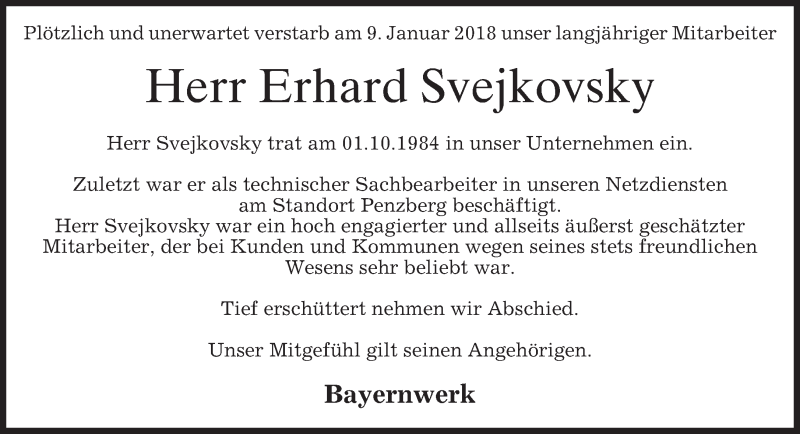  Traueranzeige für Erhard Svejkovsky vom 15.01.2018 aus merkurtz