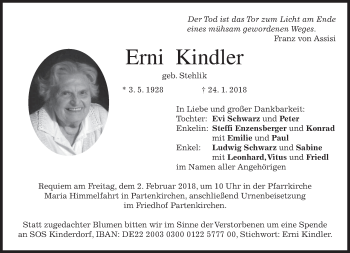 Traueranzeige von Erni Kindler von merkurtz