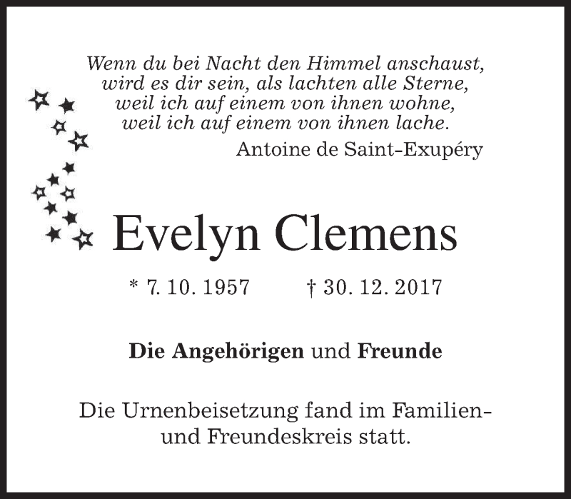  Traueranzeige für Evelyn Clemens vom 13.01.2018 aus merkurtz