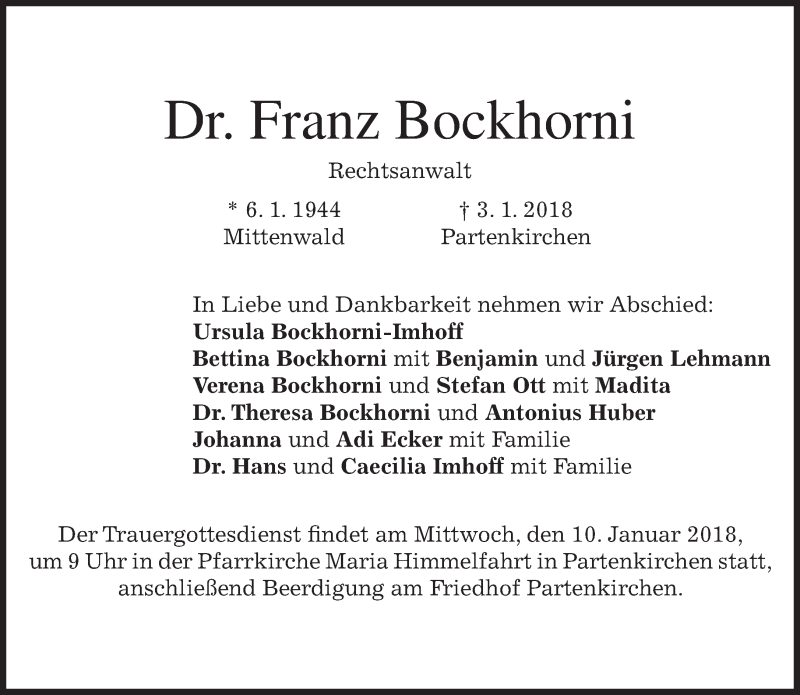  Traueranzeige für Franz Bockhorni vom 05.01.2018 aus merkurtz