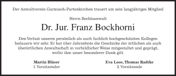 Traueranzeige von Franz Bockhorni von merkurtz