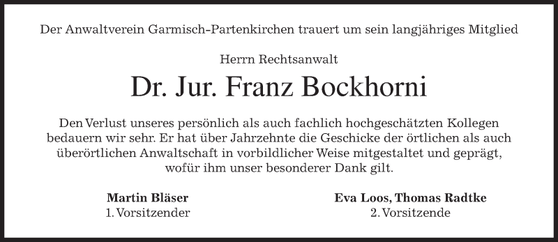  Traueranzeige für Franz Bockhorni vom 09.01.2018 aus merkurtz