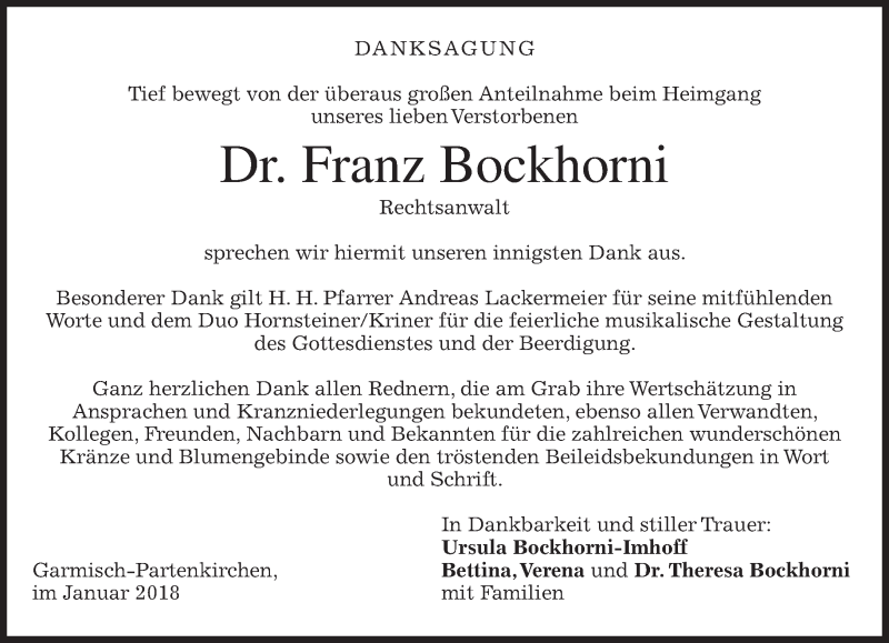  Traueranzeige für Franz Bockhorni vom 20.01.2018 aus merkurtz