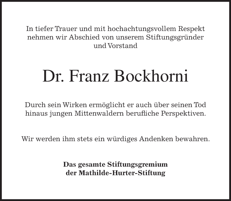  Traueranzeige für Franz Bockhorni vom 08.01.2018 aus merkurtz