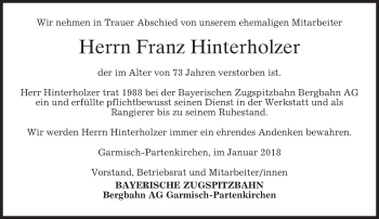 Traueranzeige von Franz Hinterholzer von merkurtz