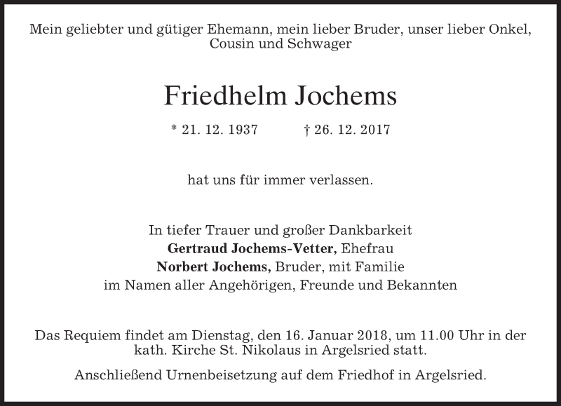  Traueranzeige für Friedhelm Jochems vom 13.01.2018 aus merkurtz