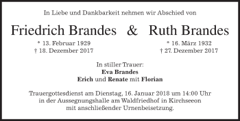 Traueranzeige von Friedrich und Ruth Brandes