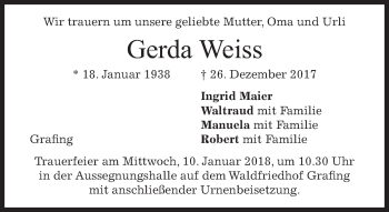 Traueranzeige von Gerda Weiss von merkurtz