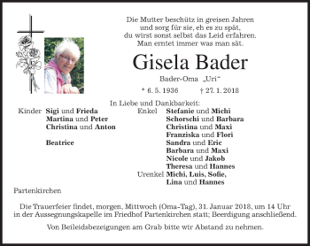 Traueranzeige von Gisela Bader von merkurtz