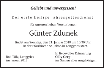 Traueranzeige von Günter Zdunek von merkurtz