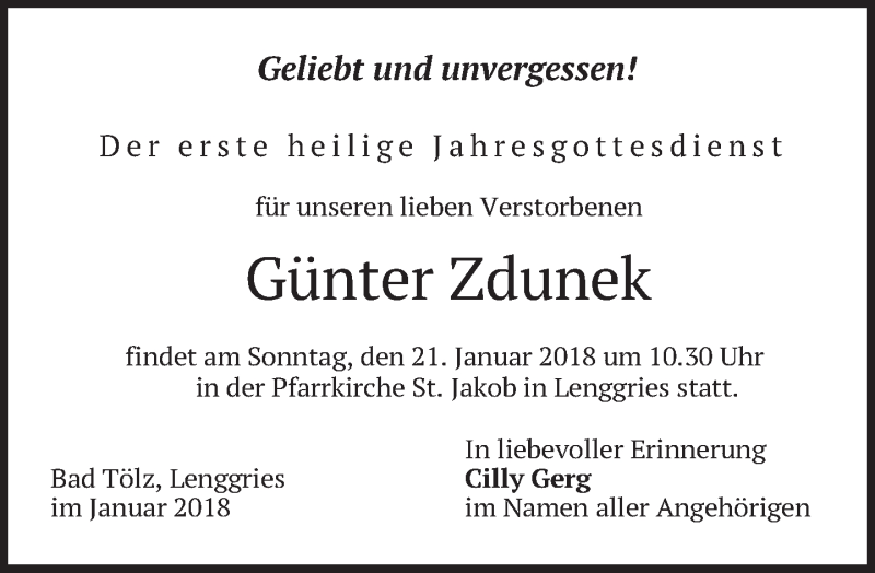  Traueranzeige für Günter Zdunek vom 19.01.2018 aus merkurtz