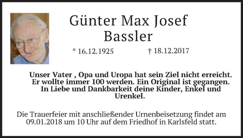  Traueranzeige für Günter Max Josef Bassler vom 05.01.2018 aus merkurtz