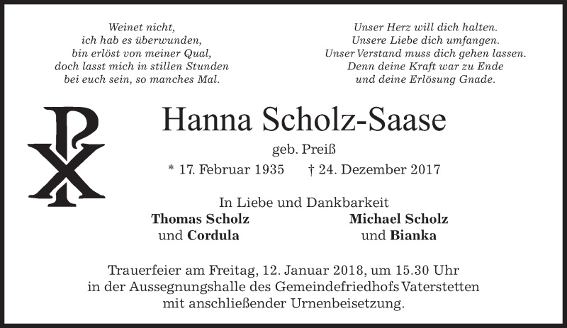  Traueranzeige für Hanna Scholz-Saase vom 05.01.2018 aus merkurtz