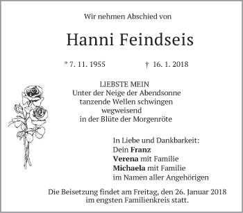 Traueranzeige von Hanni Feindseis von merkurtz