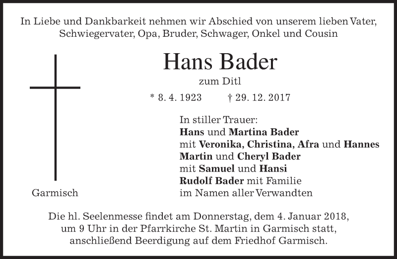  Traueranzeige für Hans Bader vom 03.01.2018 aus merkurtz