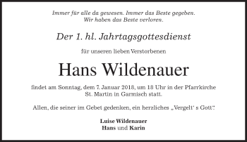 Traueranzeige von Hans Wildenauer von merkurtz