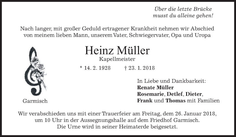  Traueranzeige für Heinz Müller vom 25.01.2018 aus merkurtz