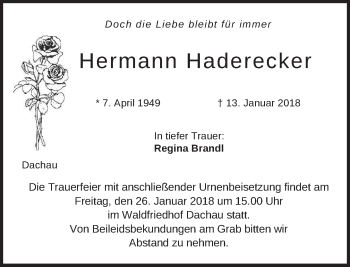 Traueranzeige von Hermann Haderecker von merkurtz