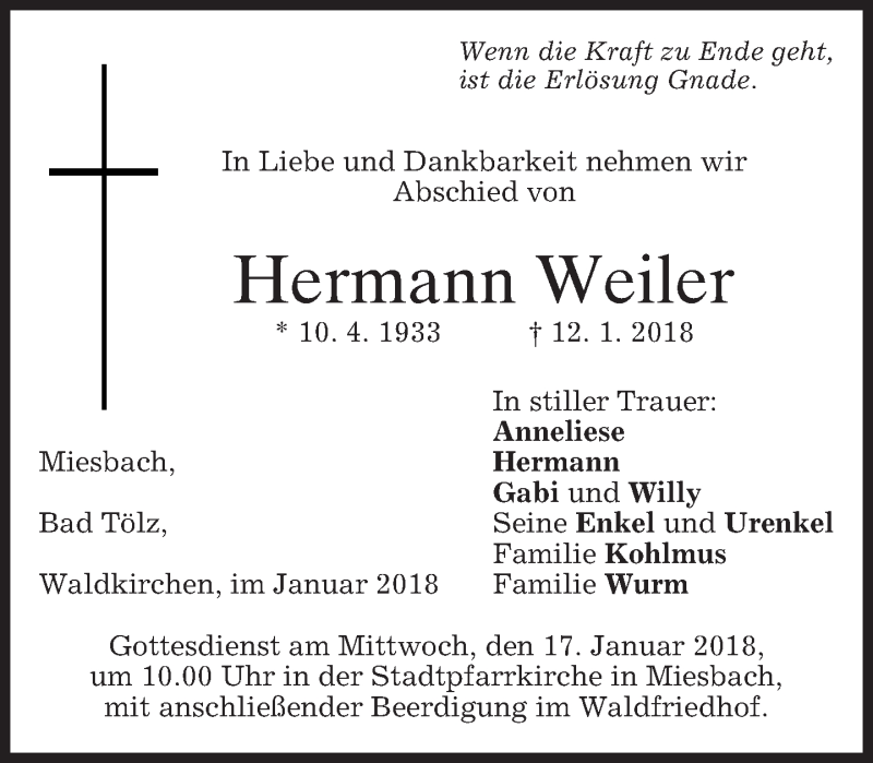  Traueranzeige für Hermann Weiler vom 13.01.2018 aus merkurtz