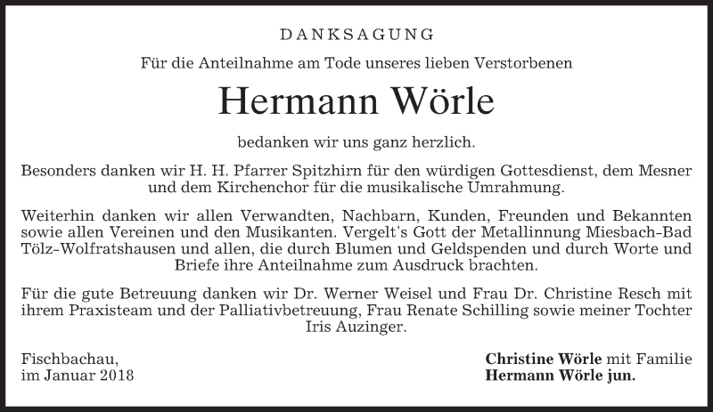  Traueranzeige für Hermann Wörle vom 27.01.2018 aus merkurtz