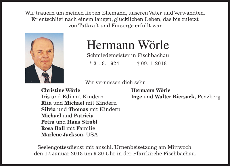  Traueranzeige für Hermann Wörle vom 15.01.2018 aus merkurtz
