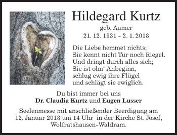 Traueranzeige von Hildegard Kurtz von merkurtz