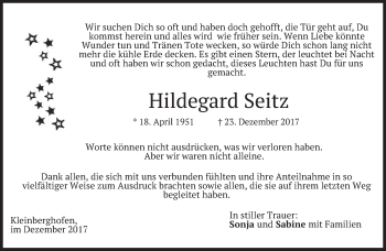 Traueranzeige von Hildegard Seitz