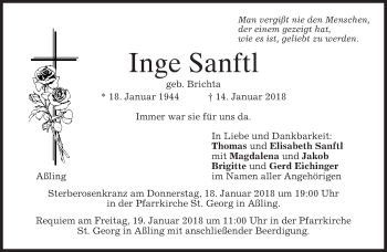 Traueranzeige von Inge Sanftl von merkurtz